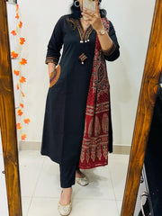 Blue women pure cotton embroidered kurta with pant and dupatta