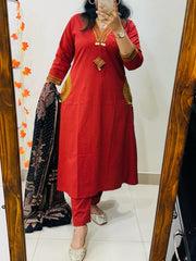 Red women pure cotton embroidered kurta with pant and dupatta