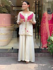 Off White Embroidered Roman Silk Kurta and Palazzo Set