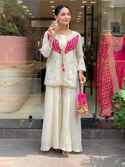 Off White Embroidered Roman Silk Kurta and Palazzo Set