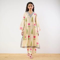 Cream Floral Printed Kurta Set with Straight Pants