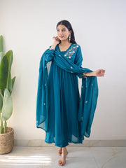Elegant Teal Blue Embroidered Kurta Set with Dupatta