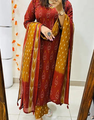 Pure-Cotton-Maroon-Ikkat-Kurti-Set