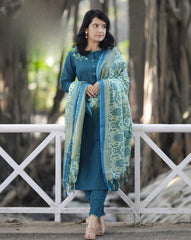 Nile Blue Embroidered Cotton Kurta and Pant Set with Dupatta