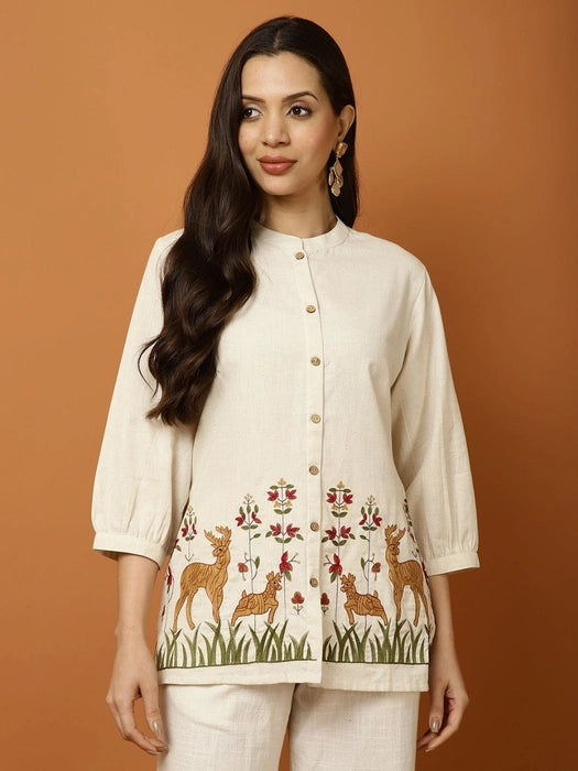 Off White Embroidered Floral & Deer Cotton Co-ord Set