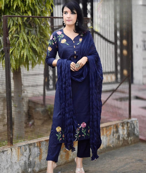 Navy Blue Embroidered Cotton Kurta and Pant Set with Dupatta