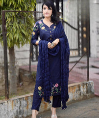 Navy Blue Embroidered Cotton Kurta and Pant Set with Dupatta
