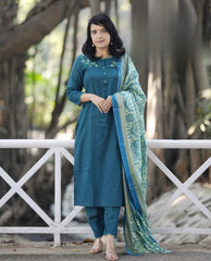 Nile Blue Embroidered Cotton Kurta and Pant Set with Dupatta