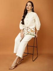Off White Embroidered Floral & Deer Cotton Co-ord Set