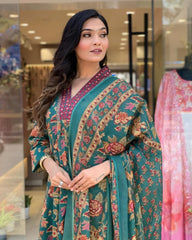Green Floral Printed Cotton Kurta and Pant Set with Mulmul Dupatta