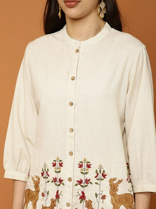 Off White Embroidered Floral & Deer Cotton Co-ord Set