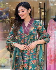 Green Floral Printed Cotton Kurta and Pant Set with Mulmul Dupatta