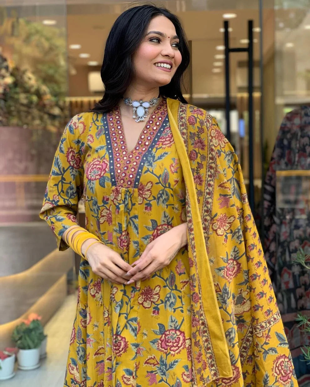 Yellowish Floral Printed Cotton Kurta and Pant Set with Mulmul Dupatta