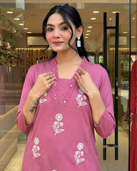 Blush Pink Floral Embroidered Cotton Kurta Pant with Dupatta Set