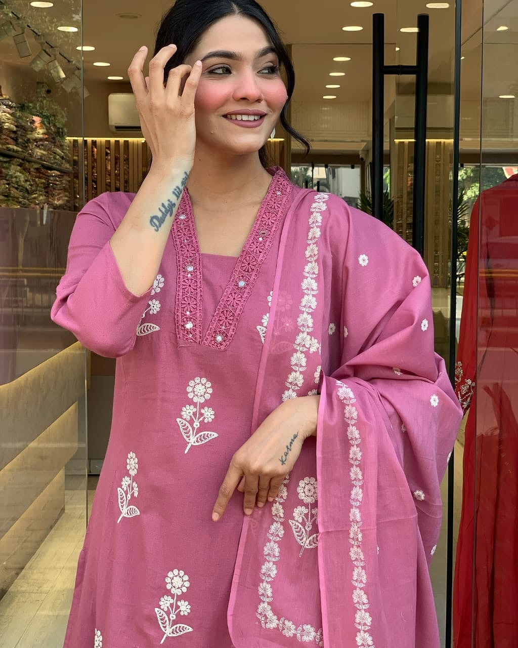 Blush Pink Floral Embroidered Cotton Kurta Pant with Dupatta Set