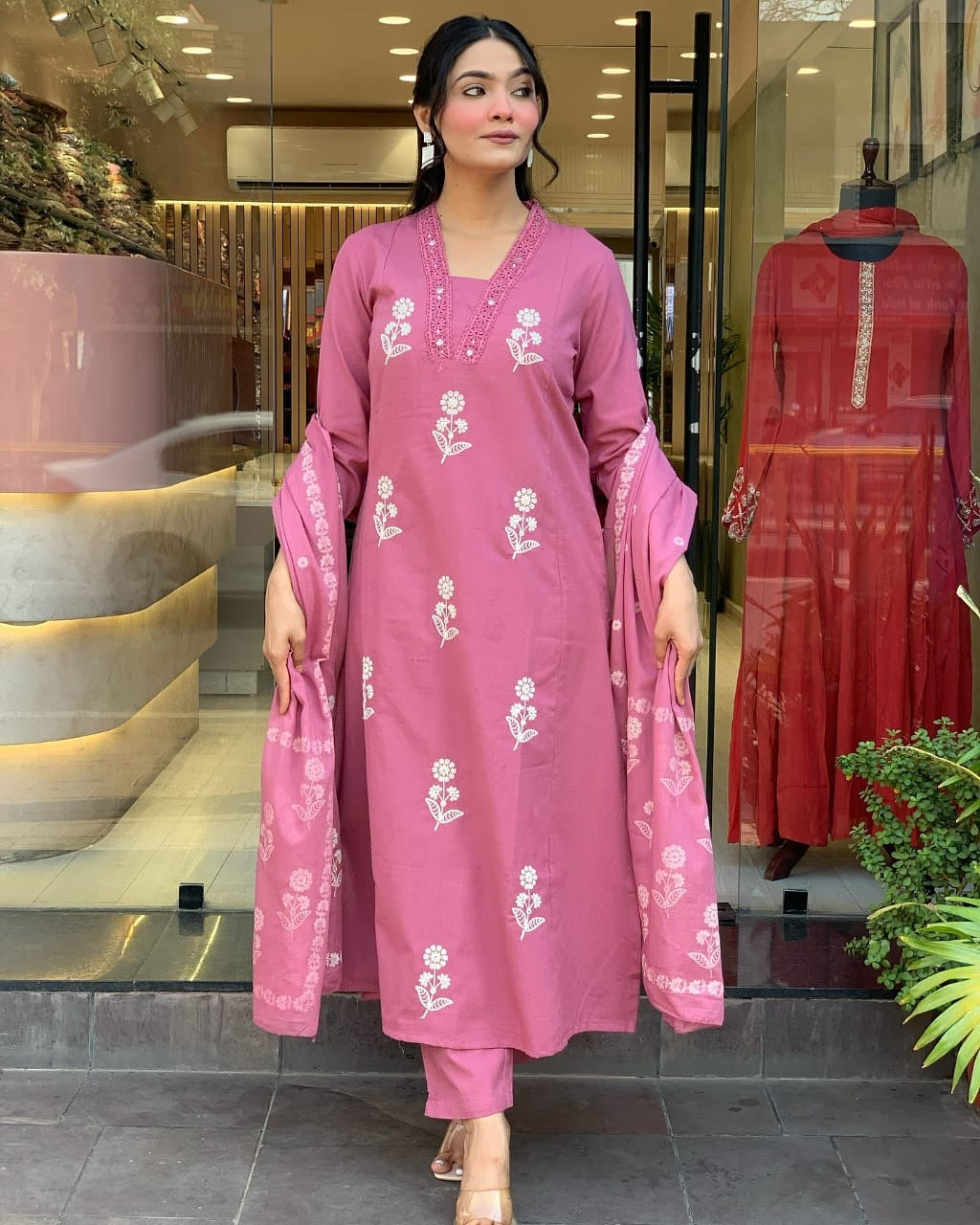 Blush Pink Floral Embroidered Cotton Kurta Pant with Dupatta Set