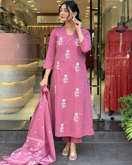 Blush Pink Floral Embroidered Cotton Kurta Pant with Dupatta Set