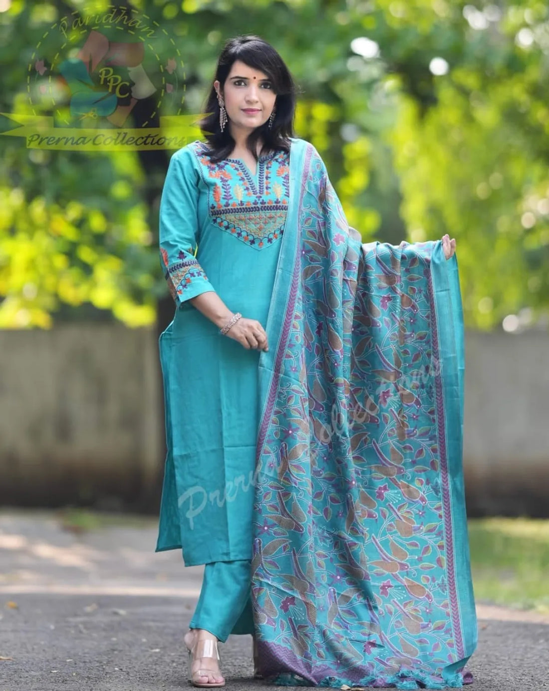 Elegant Blue Cotton Embroidered Kurta Set with Khaddar Silk Dupatta
