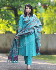 Elegant Blue Cotton Embroidered Kurta Set with Khaddar Silk Dupatta