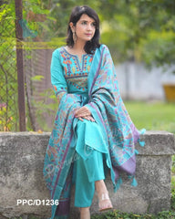 Elegant Blue Cotton Embroidered Kurta Set with Khaddar Silk Dupatta