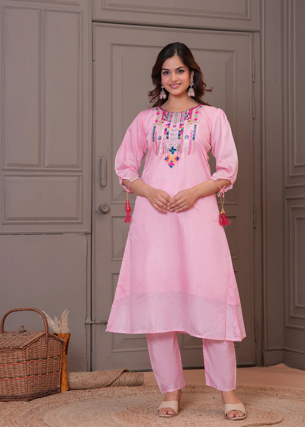 Light Pink Embroidered Chanderi Kurta and Pant Set with Dupatta