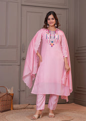 Light Pink Embroidered Chanderi Kurta and Pant Set with Dupatta