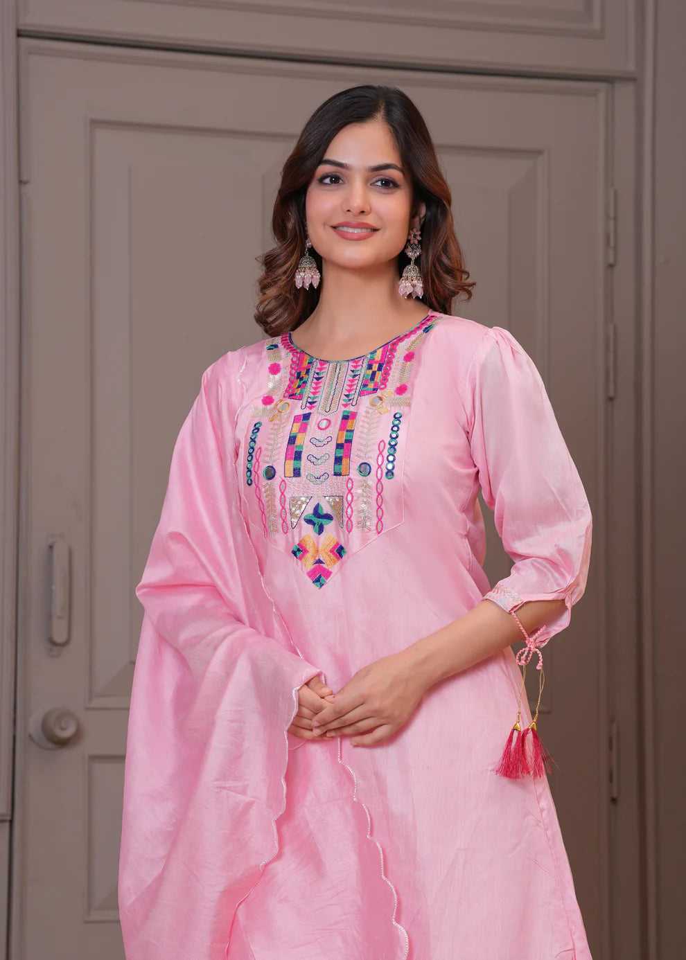 Light Pink Embroidered Chanderi Kurta and Pant Set with Dupatta