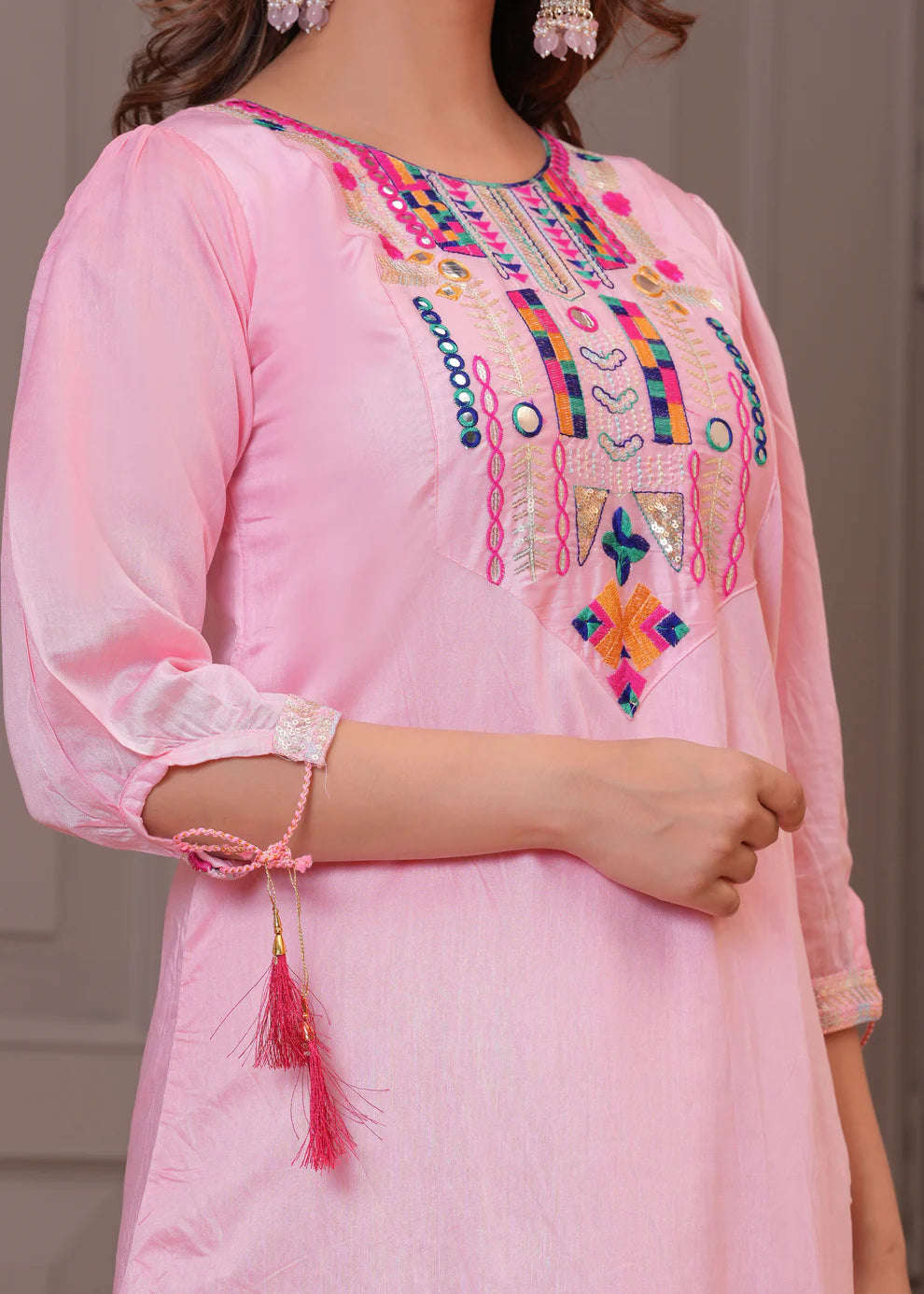 Light Pink Embroidered Chanderi Kurta and Pant Set with Dupatta
