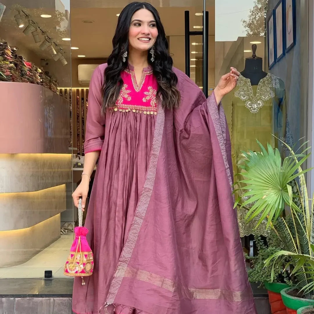 Mulberry Pink Embroidered Cotton Kurta Pant with Dupatta Set