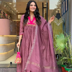 Mulberry Pink Embroidered Cotton Kurta Pant with Dupatta Set