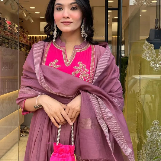 Mulberry Pink Embroidered Cotton Kurta Pant with Dupatta Set