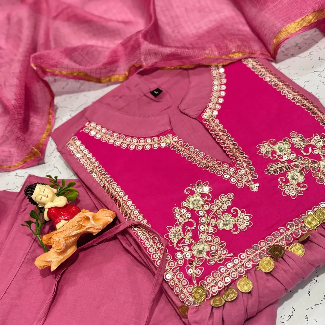 Mulberry Pink Embroidered Cotton Kurta Pant with Dupatta Set