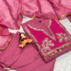 Mulberry Pink Embroidered Cotton Kurta Pant with Dupatta Set