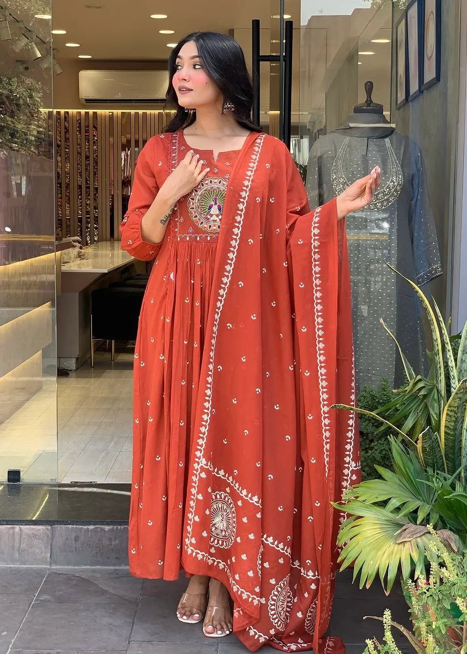 Rust Orange Embroidered Anarkali Kurta Pant with Mulmul Dupatta Set