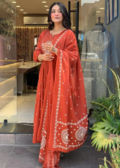 Rust Orange Embroidered Anarkali Kurta Pant with Mulmul Dupatta Set