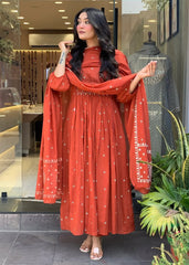Rust Orange Embroidered Anarkali Kurta Pant with Mulmul Dupatta Set