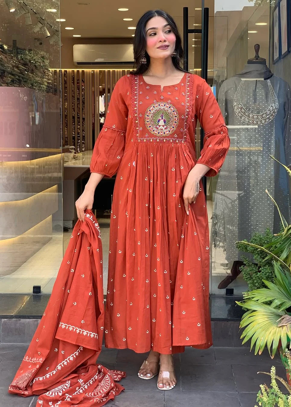 Rust Orange Embroidered Anarkali Kurta Pant with Mulmul Dupatta Set