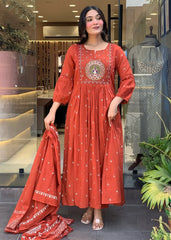 Rust Orange Embroidered Anarkali Kurta Pant with Mulmul Dupatta Set