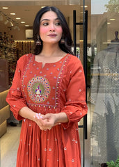 Rust Orange Embroidered Anarkali Kurta Pant with Mulmul Dupatta Set
