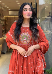Rust Orange Embroidered Anarkali Kurta Pant with Mulmul Dupatta Set