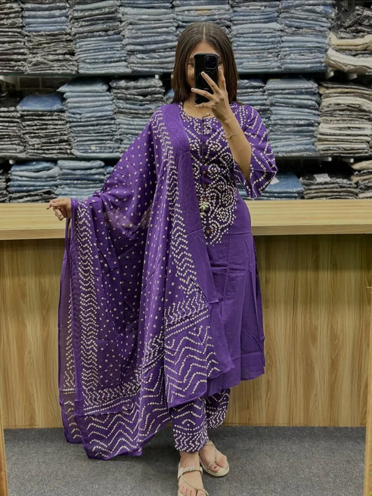 Elegant Purple Bandhani Kurta Set with Dupatta