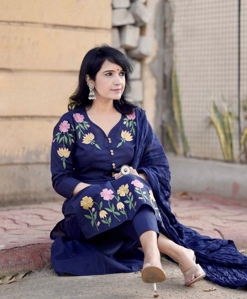Navy Blue Embroidered Cotton Kurta and Pant Set with Dupatta