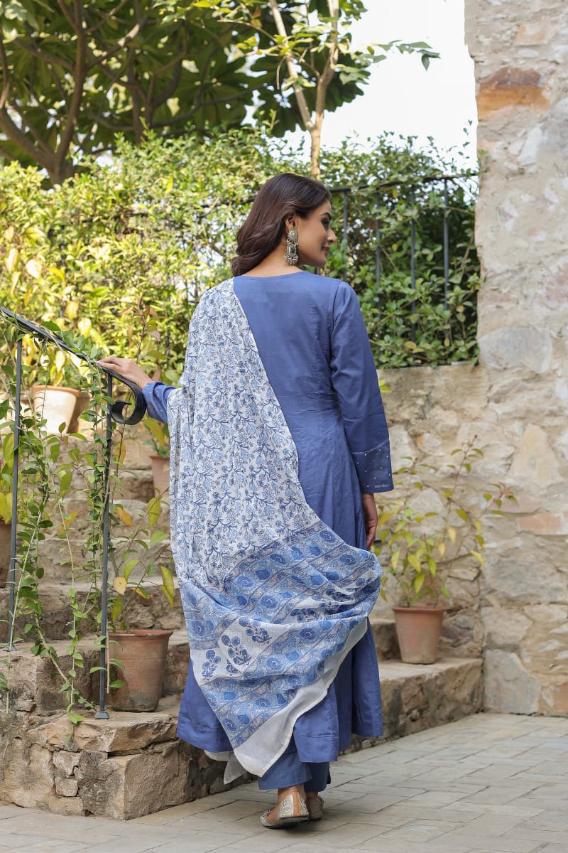 Embroidered Cotton Kurta Suit Set with Dupatta
