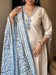 Off White Embroidered Cotton Flex Suit Set With Cotton Silk Dupatta
