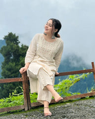 Off White Embroidered Cotton Kurta And Pant Set