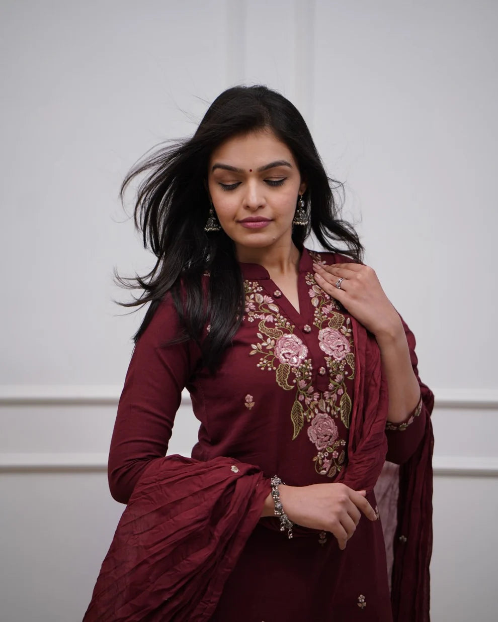 Maroon Embroidered Cotton Kurta and Pant Set with Dupatta