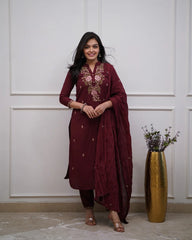 Maroon Embroidered Cotton Kurta and Pant Set with Dupatta
