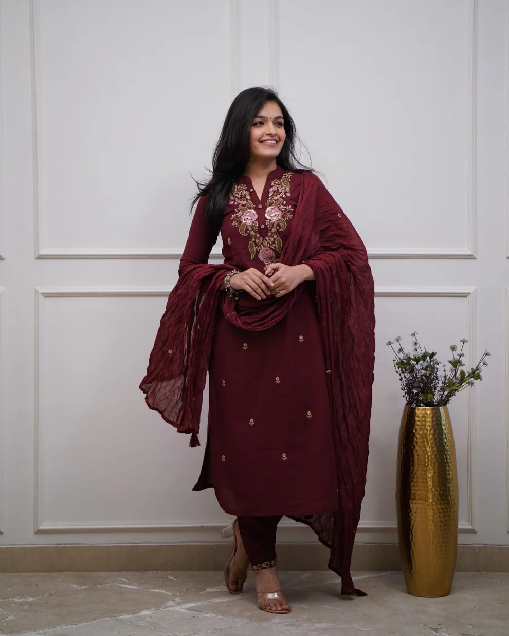 Maroon Embroidered Cotton Kurta and Pant Set with Dupatta