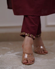 Maroon Embroidered Cotton Kurta and Pant Set with Dupatta