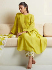 Lemon Yellow Embroidered Cotton Kurta and Pant Set with Dupatta